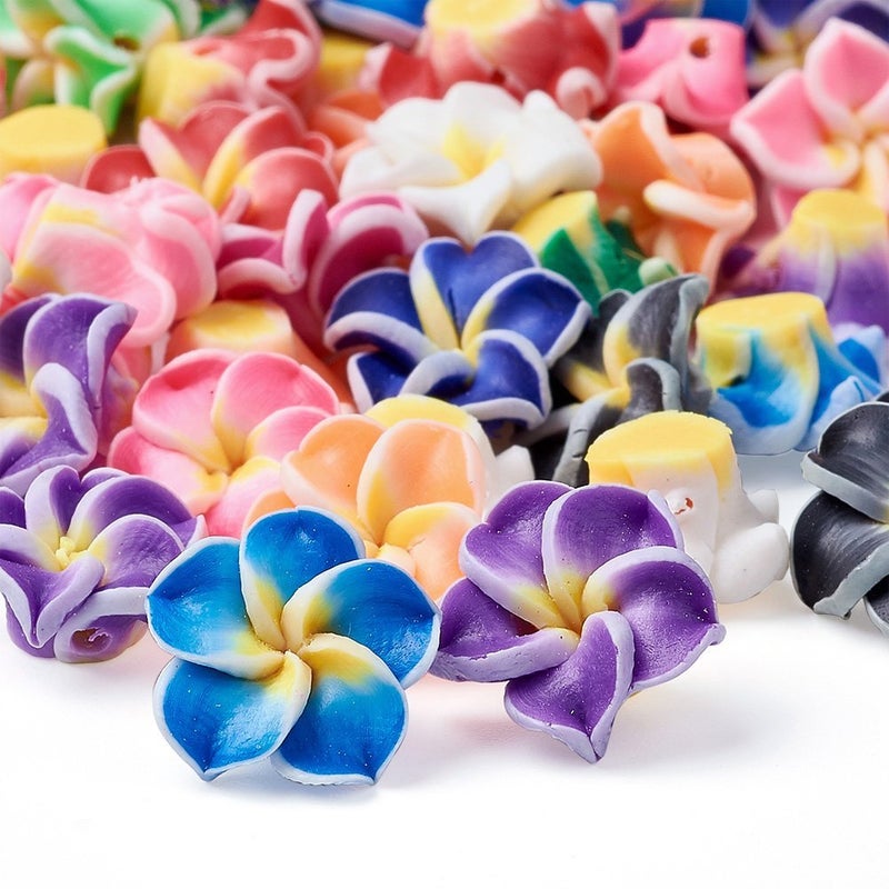 KISSITTY 200-Piece Random Mixed Color Handmade Polymer Clay 3D Plumeria Flower Spacer Loose Beads 12x8mm with Holes 1-1.6mm for DIY Jewelry Craft Making - Image 1